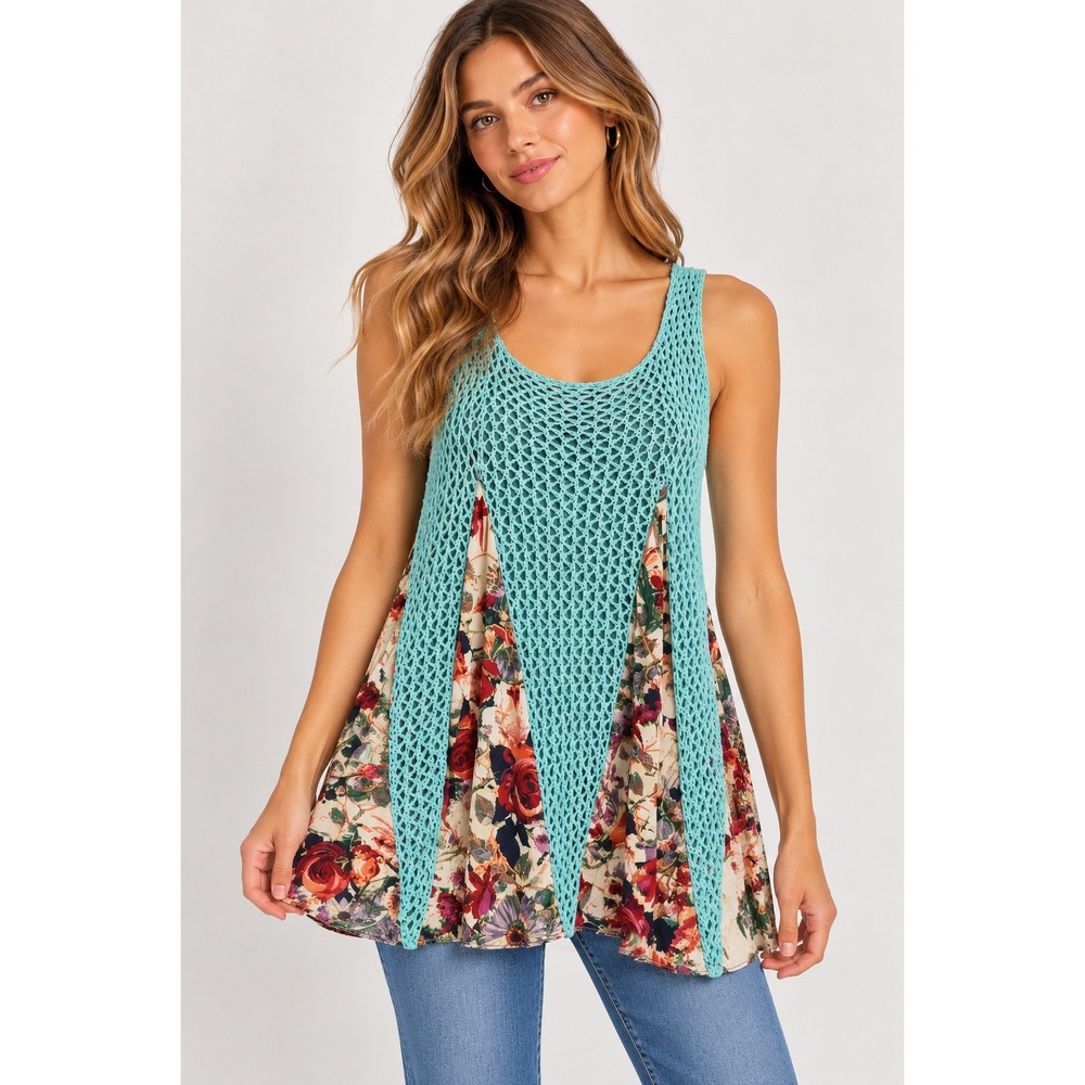 Selfie Couture BOHO Tunic Top Womens Size Small Blue Floral Crochet Sleeveless